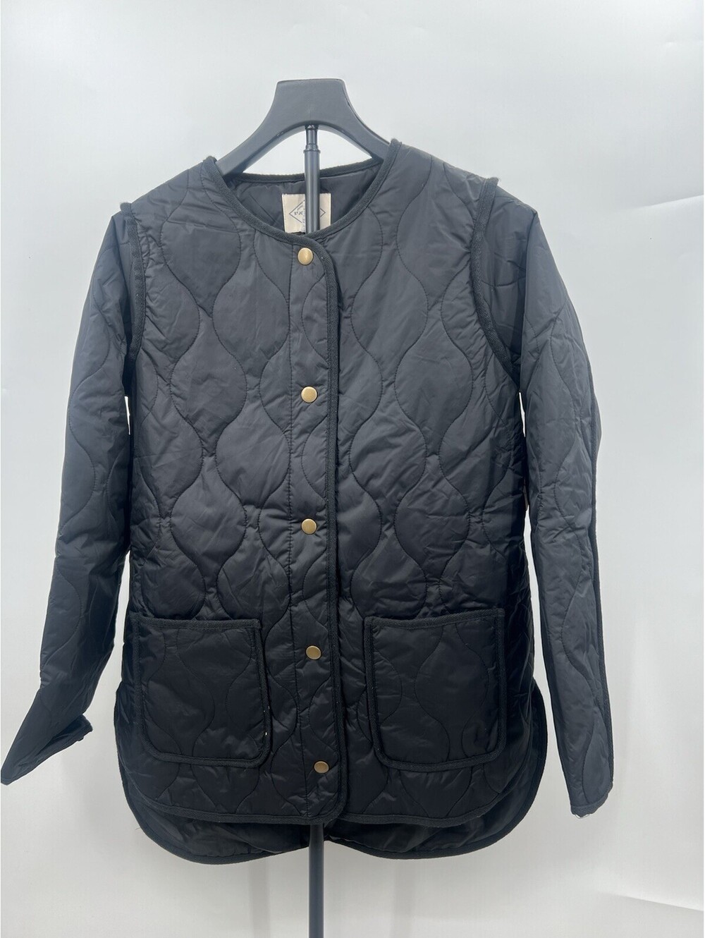 St John's Bay Jacket Womens Black Quilted Barn Collarless Snap Pockets S